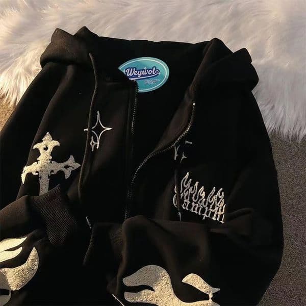 Women's Hoodies Sweatshirts Flame Embroidered Ladies Harajuku Sweatshirt Vintage Letter Loose Casual Streetwear Long Sleeve Tops 221121