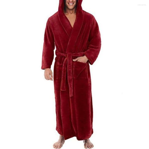 Men's Sleepwear Men Soft Fleece Solid Color Pockets Long Bath Robe Home Gown