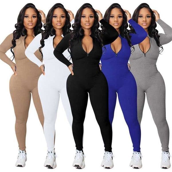 Design Womens Jumpsuits Knit Rib Bodysuit Fitness Playsuit Sportswear Long Sleeve Zipper Body Rompers