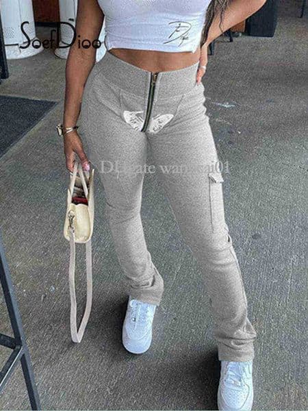 Women's Pants Capris Sodioo Butterfly Printed High Waist Trousers Casual Zipper Pockets Flare Pants Spring 2022 Fashion Joggers Women Clothes 1018H22