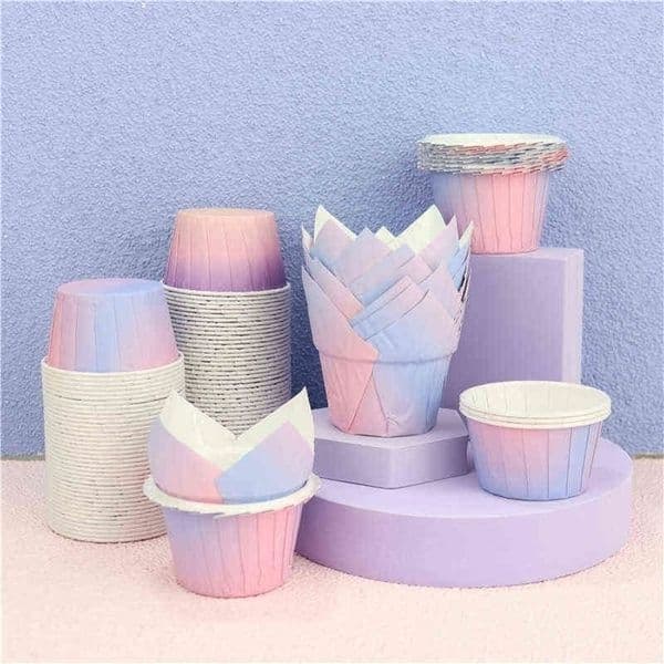Tulip Gradient Color Lace Muffin Cake Cup High Temperature Anti-oil Film Dream Purple Muffin Paper Tray Wedding Celebration Cake Table Decoration 100 Packs CX220124