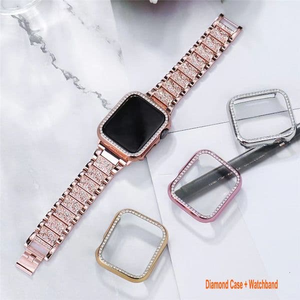 Rhinestone Protective Cases Cover watchband for iWatch Series 9 8 7 6 5 4 3 Women Girls Jewelry Replacement Metal Wristband Strap 45mm Bling Diamond PC Protective Case