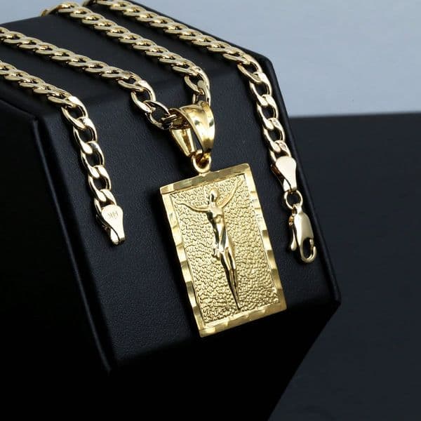 Nugget Block Jesus 14k Gold Plated Brass 5mm 20" Cuban Necklace Choker Chain