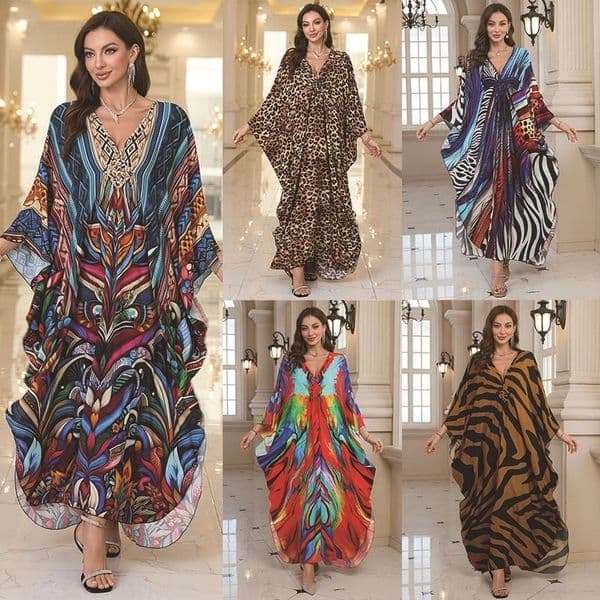2025 New Rayon Positioning Printed Beach Dress Women Loose Long Robe Bikini CoverUp Sun Protection Clothing 210831