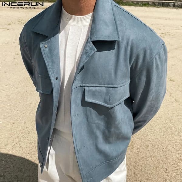 INCERUN Tops Korean Style Fashion Mens Suede Double Pocket Jackets Casual Streetwear Solid Long Sleeved Jackets Coats 250901BJ