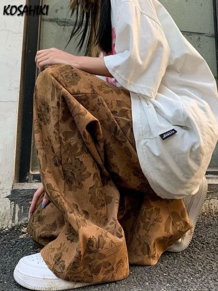 KOSAHIKI Y2k Cargo Corduroy Pants Fashion Vintage Print High Waist Trousers 2000s Joggers Women Streetwear Baggy Sweatpants 250829BJ