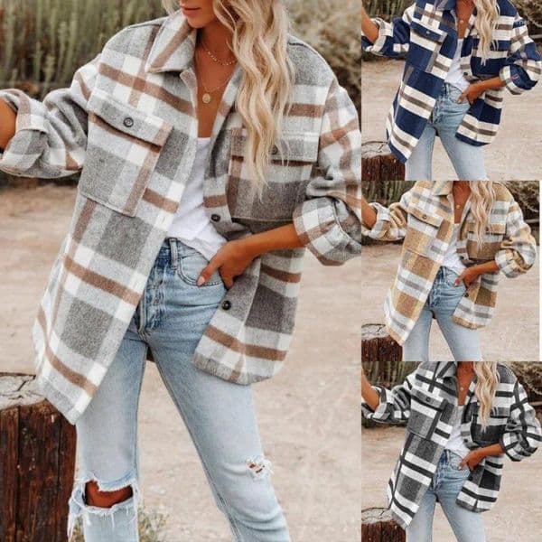 Women's Jackets Autumn And Winter Long-sleeved Loose Plaid Shirt Tweed Jacket Female
