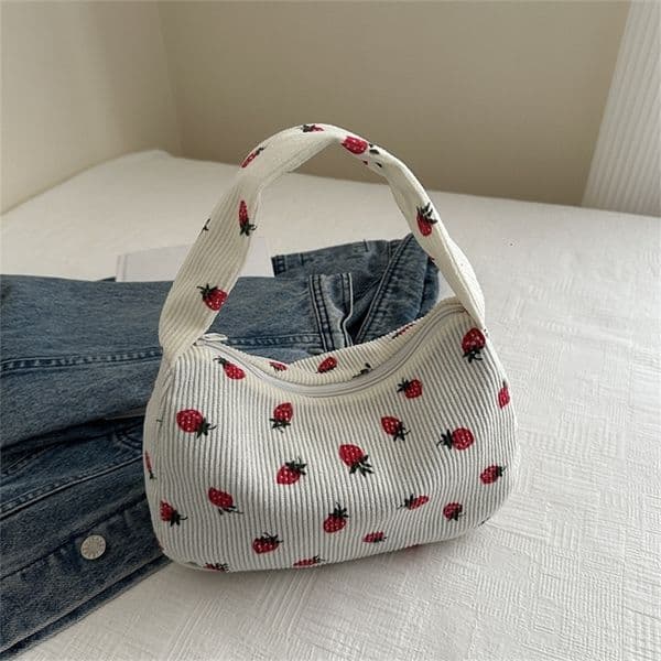 Women Small Corduroy Handbag Cute Strawberry Print Little Tote Underarm Bag Half Moon Eco Cloth Purse Mini Shoulder Bags 250901CJBJ