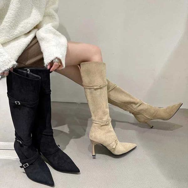 Vintage Women Pointed Toe Western KneeHigh Boots Warm Short Plush Long Booties High Heels Stripper Shoes Womens Boots W250902