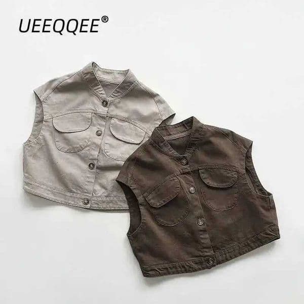 Spring Autumn Children Vest 18Y Boys Cotton Button Pocket Waistcoats Tank Tops Korean Toddler Outerwear For Kids Clothing New Z250902