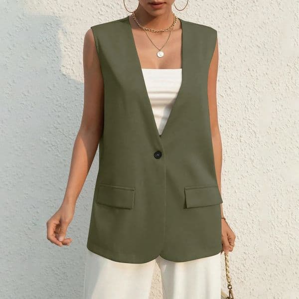 Fashion n Suit Vest Lady Vintage VNeck Work Casual Loose Waistcoat Solid Color Single Button Sleeveless Thin Blazer Jacket 250902BANJIA