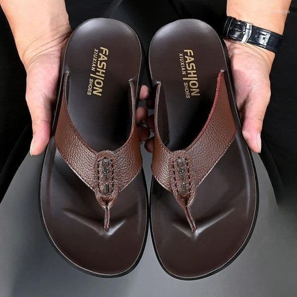Slippers Men's Flip Flops High Quality Genuine Leather Men Summer Beach Sandals Fashion Soft Soled Casual Shoes