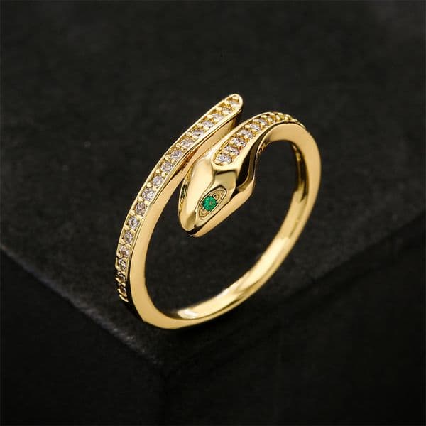 Brand Aogu Source European And American Foreign Trade Hot-Selling New Product Copper Plated 18K Gold Zircon Green Eye Snake Shape Ring F