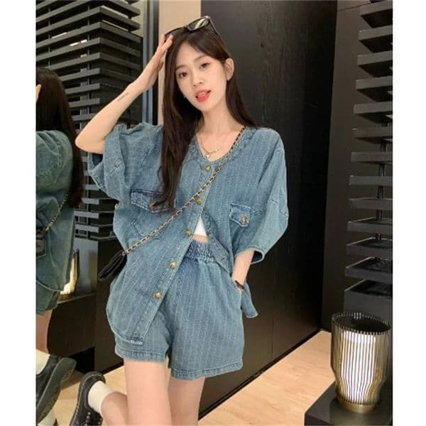 Loose Denim Suit Women Short Coat Top Summer Everything Matching Wide Leg Pants Fashion Twopiece Set Solid Color 250902BJ