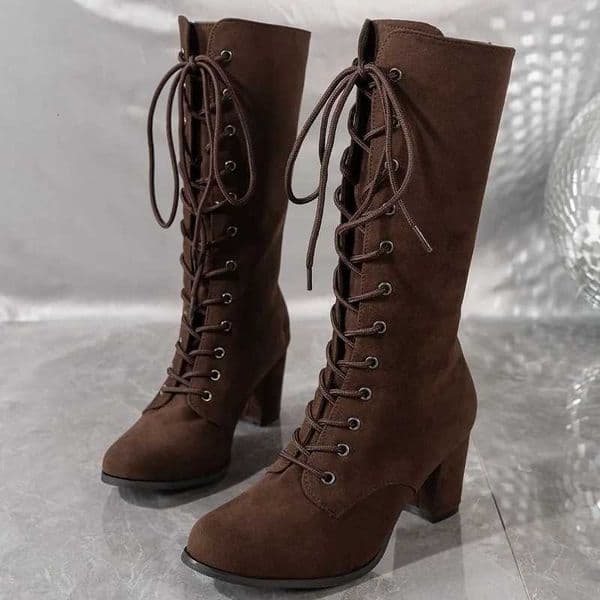 Winter New Coarse Heel Shoes Womens Round Head Front Cross Lacing Antislip Wearresistant High Boots W250902
