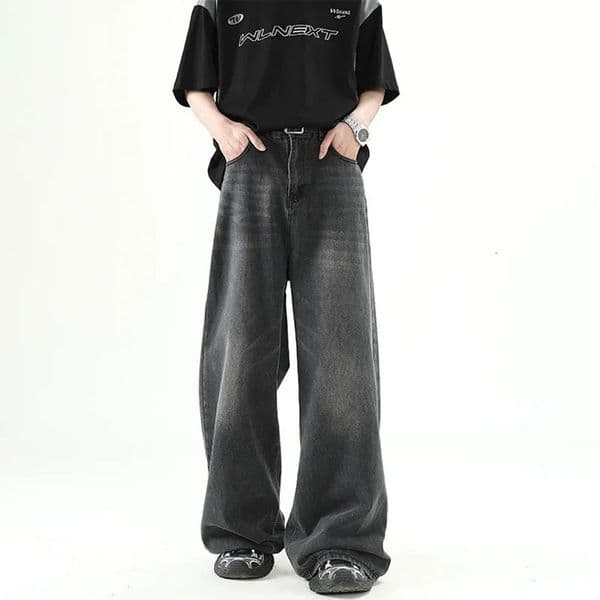 Fashion Korean Vintage High Street Denim Men Pants Washed Male Jeans Straight Casual Menwear Loose Wide Leg Trousers 250902