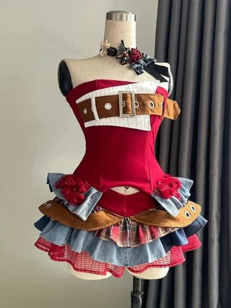 Summer Preppy Style Vintage Red Denim Bustier Tops Sweet Spicy Pure n Mini Cake Skirt Women 2 Piece Sets Korean 250902BJ