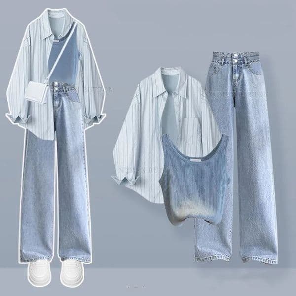 Womens Summer Fall Fashion Striped ShirtVestJeans Suit Korean Elegant Long Sleeve Cardigan Denim Pants Matching Set 250902BJ
