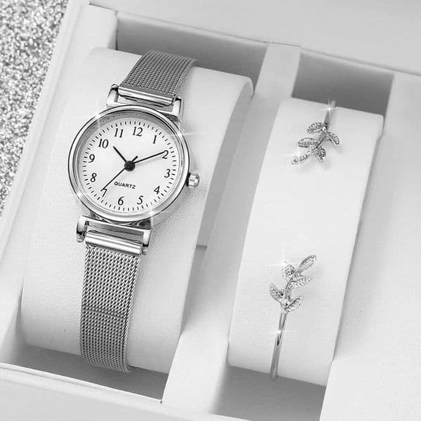 2PCsSet Fashion Womens Watch Casual Mesh Strap Round Dial Quartz Watch with Leaf Shaped Bracelet Box Not IncludedXJ250902