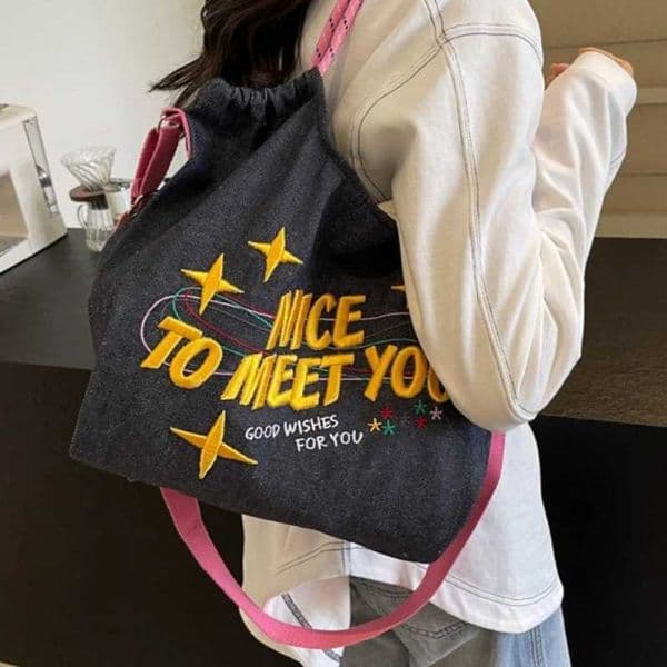 Casual Denim Tote Bag With Embroidered Letter Multipurpose Crossbody Bags With Adjustable Strap For Everyday Commute And Work Z250902