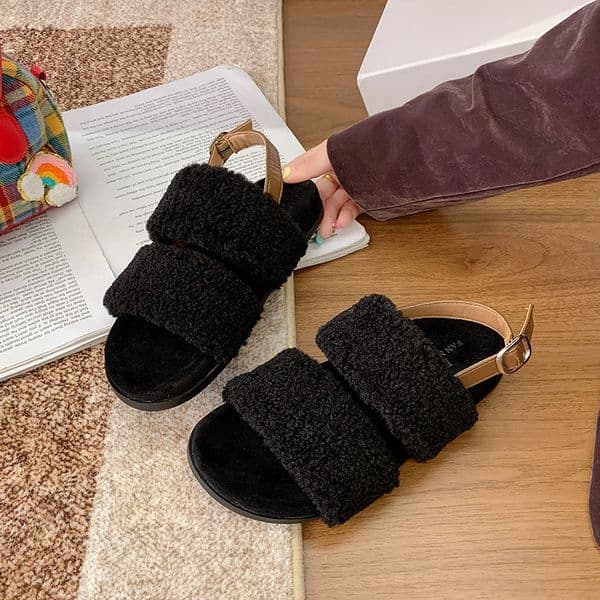 Free Shipping 2026 Autumn/Winter New Design Women's Plush Elegant and Versatile Wearing Thick Bottom Height Increasing Casual Buckle Cotton Sandals Brown