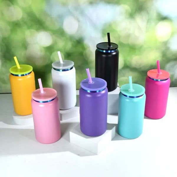 UPS 16oz UV plating tumbler colored powder coated stainless steel vacuum insulated tumblers mason jar for laser engraving food cans with colored lids straw Z 9.1-6