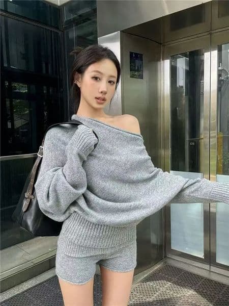 Korejpaa Elegant Sweater Short Sets Women Autumn Winter Slanted Shoulder Knitted Sweaters High Waist Shorts Two Piece Set 250902BJ