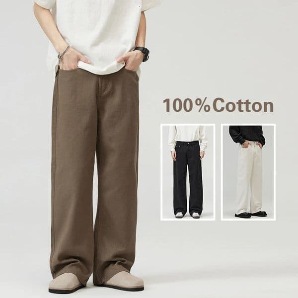 100 Cotton Mens Baggy Straight Jeans Comfortable Soft Casual Pants Fashion Korean White Brown Denim Trousers Male Clothing 250902BJ