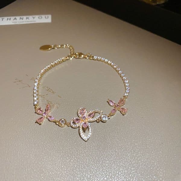 Silver d Floral Cross Bracelet, White Pink CZ Sparkle, Delicate Gem Design, Dainty - Glam Vibe, Shimmering Jewelry Accessory