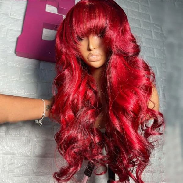 13x4 Red Wig With Bangs HD Lace Front Wig Body Wave Lace Frontal Wig Human Hair Pre Plucked For Women Wear And Go Glueless Wig Synthetic