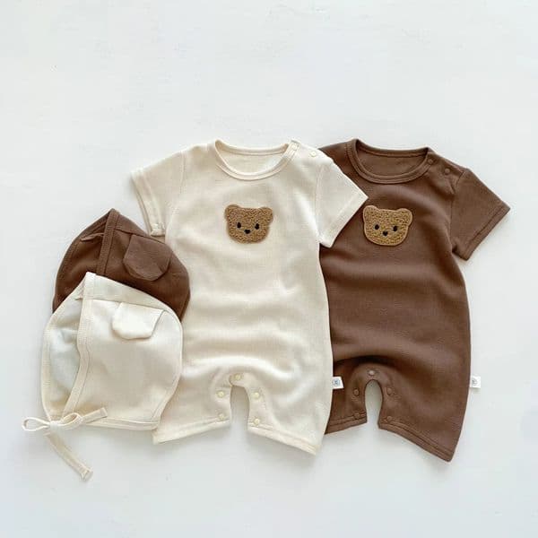 In Summer Kids Baby Girls Boys Short Sleeve Waffle Patch Bear Infant born Jumpsuits Cotton Romper Gift Hat with Ear250901BJ