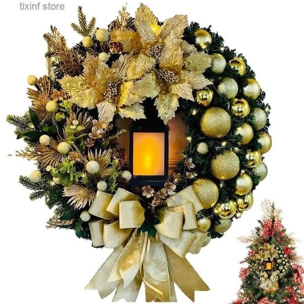 30cm Christmas Wreath With Lantern Front Door Garland With Large Bow Seasonal Ornament Christmas Decoration For Front Door Wall T250903