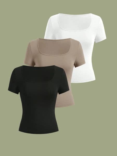 3Piece Womens Pure Color Simple and Elegant Square Collar ShortSleeved Slim Knitted HighElastic Top TShirt 250903