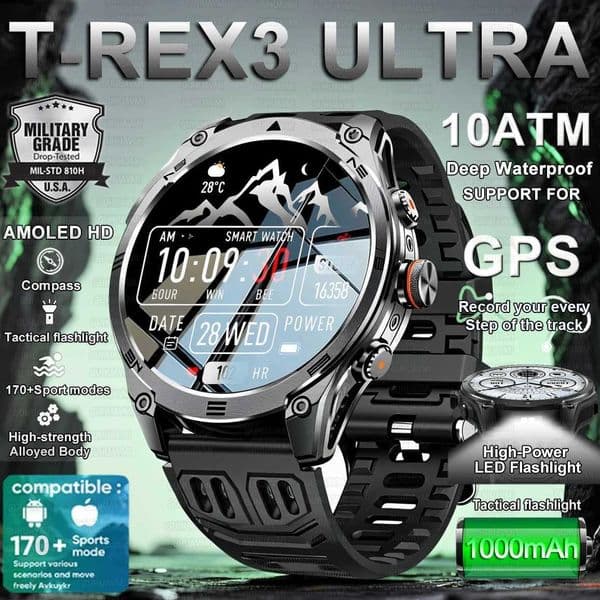 2025 New Military Smart Watch 1000Mah Battery GPS Compass 10ATM Waterproof Tactics Sport Flashlight BT call Smart Watch For MenXJ250903