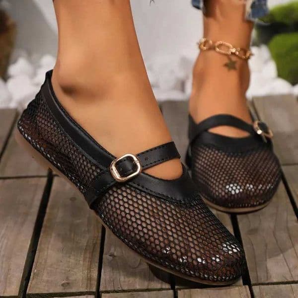 Round head e buckle strap ballet shoes womens soft bottom flat hollow Mary Jane single fishing net shoesXJ250903