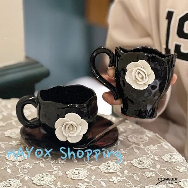 French Camellia Ceramic Mugs 3D White Rose Breakfast Milk Coffee Cup ddmyaug Saucer Set High Quality Kitchen Drinkware 250718 ddmyaug ddmyaug