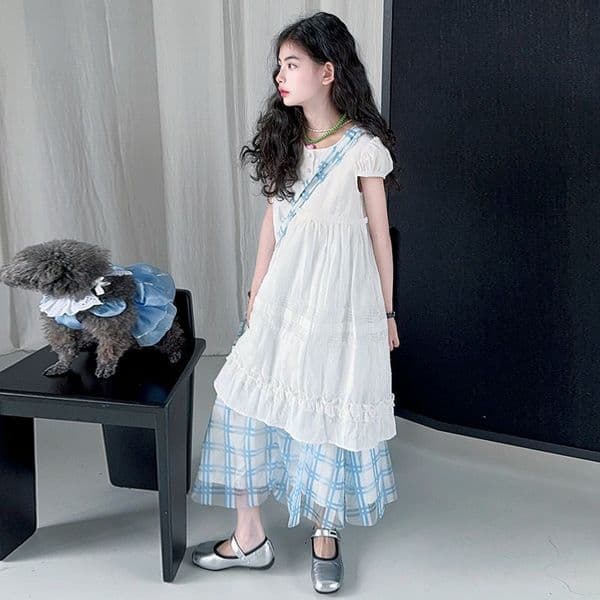 D291 Girls summer suit skirt 2025 new children's summer big children's long skirt Western style mesh skirt two-piece suit