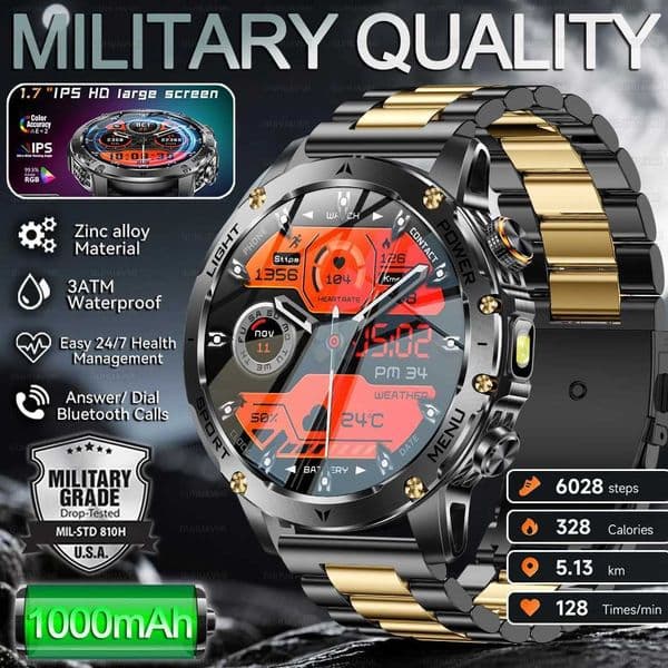 New Outdoor Military Grade 1000mAh Battery Smart Watch Men 17 inches AMOLED Sn Waterproof Heart Rate Call Sports BraceletXJ250903