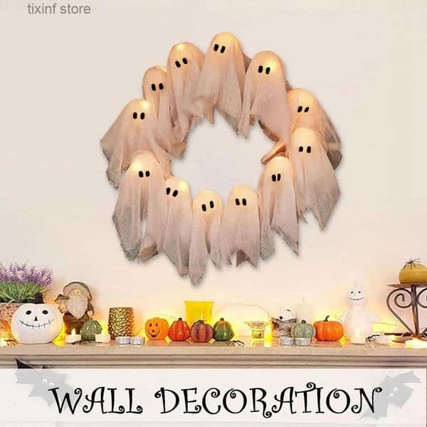 1 Piece 35cm Halloween Ghost Wreath for Front Door LED LightUp White Ghost Garland for Door Wall Window Yard Party Holiday T250903