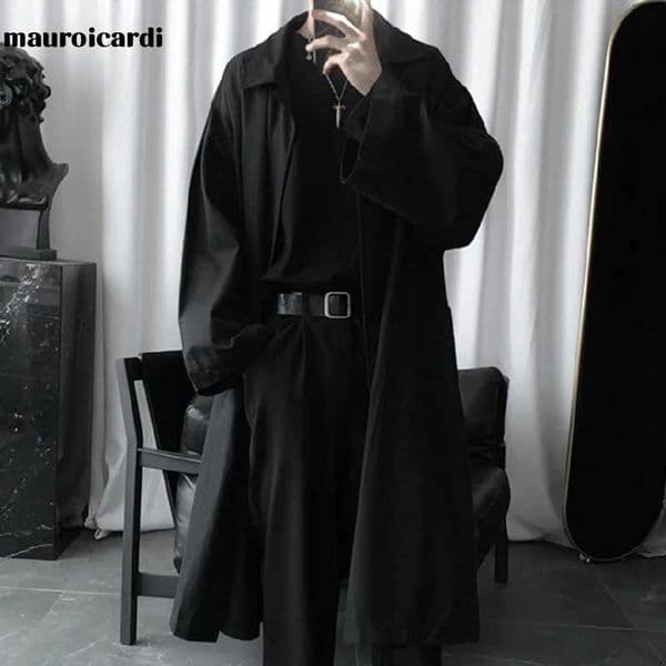 Mauroicardi Spring Long Black Flowy Soft Trench Coat Men Loose Casual Dark Academia Aesthetic Clothes without Buttons 2025 X250903