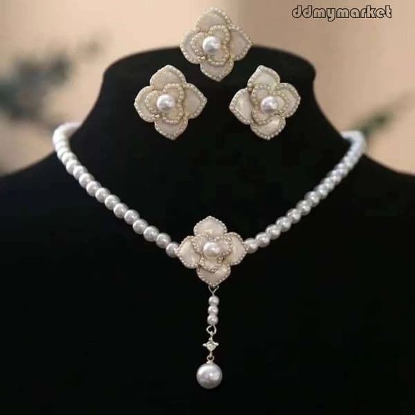 Elegant Pearl Necklace Set, French Style Camellia Collarbone Chain Choker for Bridal, Wedding, Evening Ocns ddmymarket
