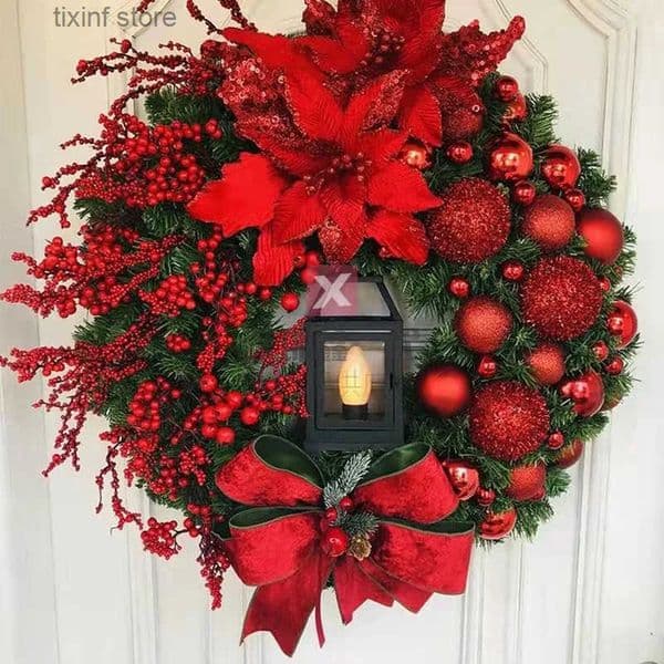 45cm Christmas Decoration Golden Wreath With Lights For Front Door Red Ball Flower Garland Xmas Ornament Window Wall Hanging Decor T250903