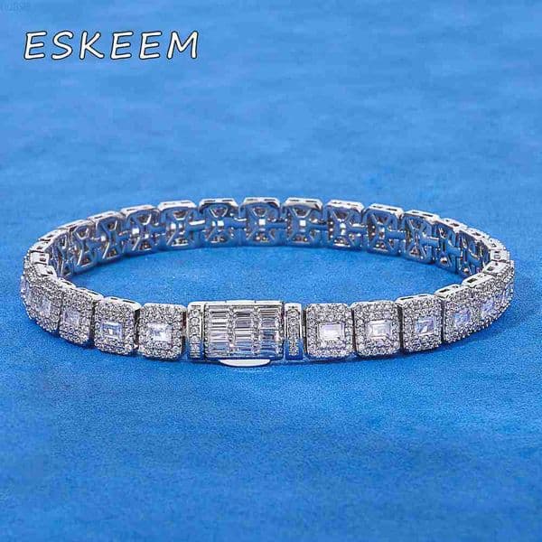 Eskeem Geometric Tennis Chain 925 Silver Bracelet Baguette VVS Moissanite Mixed Inlay Iced Hip Hop Jewelry