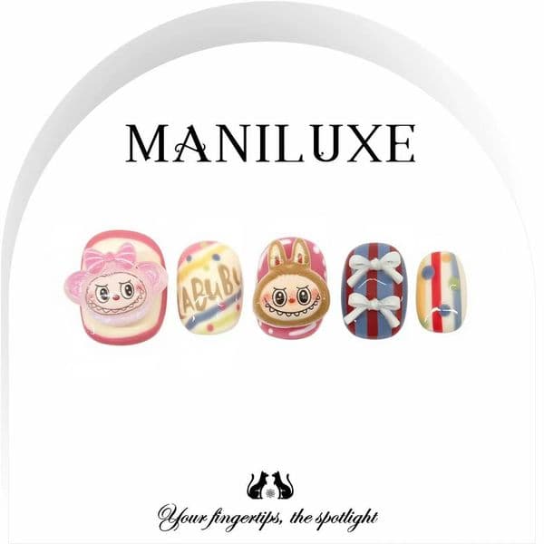 designer Handmade Press on Nails Cute Cartoon Style for Teens, Short Length, Removable Versatile