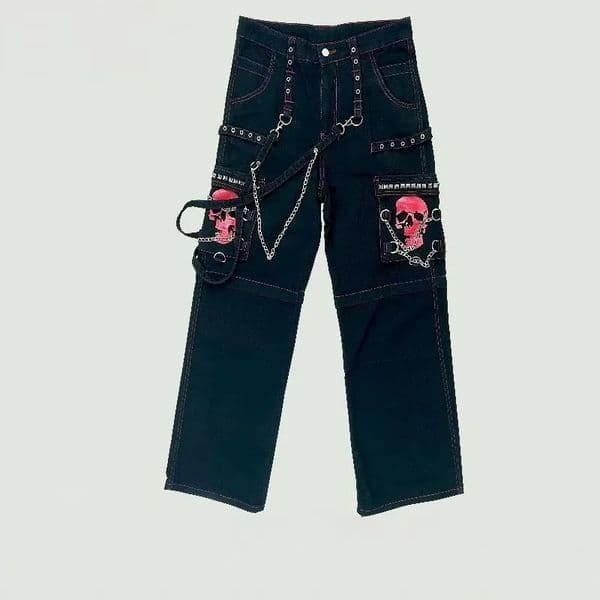 American high street skull print studs punk men highwaisted jeans Y2K hiphop personality chain casual Trend pants 250823Z