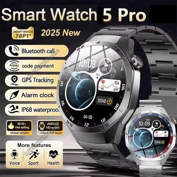 2025 New Fashion Watch 5 Pro GPS NFC Smart Watches Men 15 AMOLED Health Monitor IP68 Waterproof etooth Calls Smart BraceletXJ250903