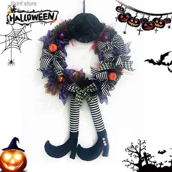 Halloween Wreath for Front Door Halloween Witch Hat Leg Door Wreath for Outdoor and Indoor Door Porch Decoration Party Supplies T250903