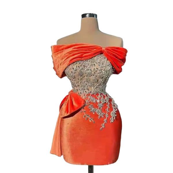 Chic Orange Sheath Cocktail Dress Velvet Crystals Applique Bow Strapless Short Mini Graduation Homecoming Dresses For Special Occasions Sweetheart Gowns