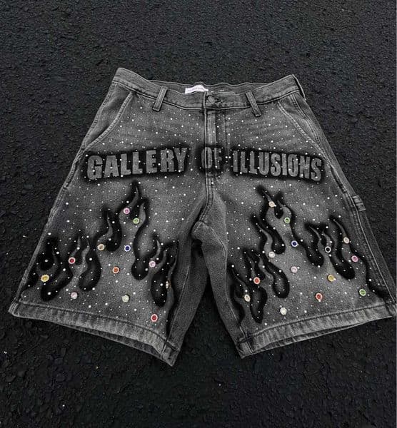 Men's Shorts Tassel Flame Print Pattern Rhinestone Butterfly Decoration Loose Denim Retro American Street Men Women Fashion Jeans