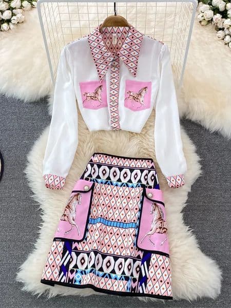 Fashion Runway Summer Skirt Suit Womens Horse Geometry Print Blouse And A Line Pocket Buttons Skirt 2 Two Pieces Set 250904BJ